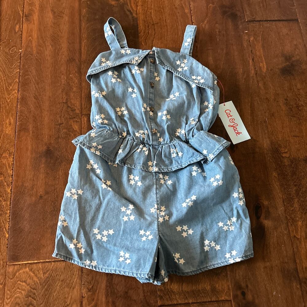 Cat and Jack Girls 5T Romper Outfit Summer Chambray Blue Stars Sleeveless NEW